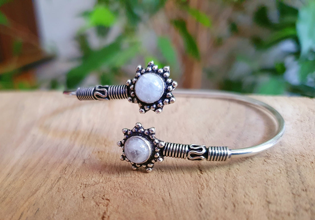 Moonstone Bracelet Bali Flower Silver Bangle / Ethnic / Rustic / Bohemian / Hippie / Gypsy / Psy / Adjustable