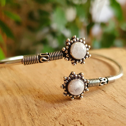 Moonstone Bracelet Bali Flower Silver Bangle / Ethnic / Rustic / Bohemian / Hippie / Gypsy / Psy / Adjustable