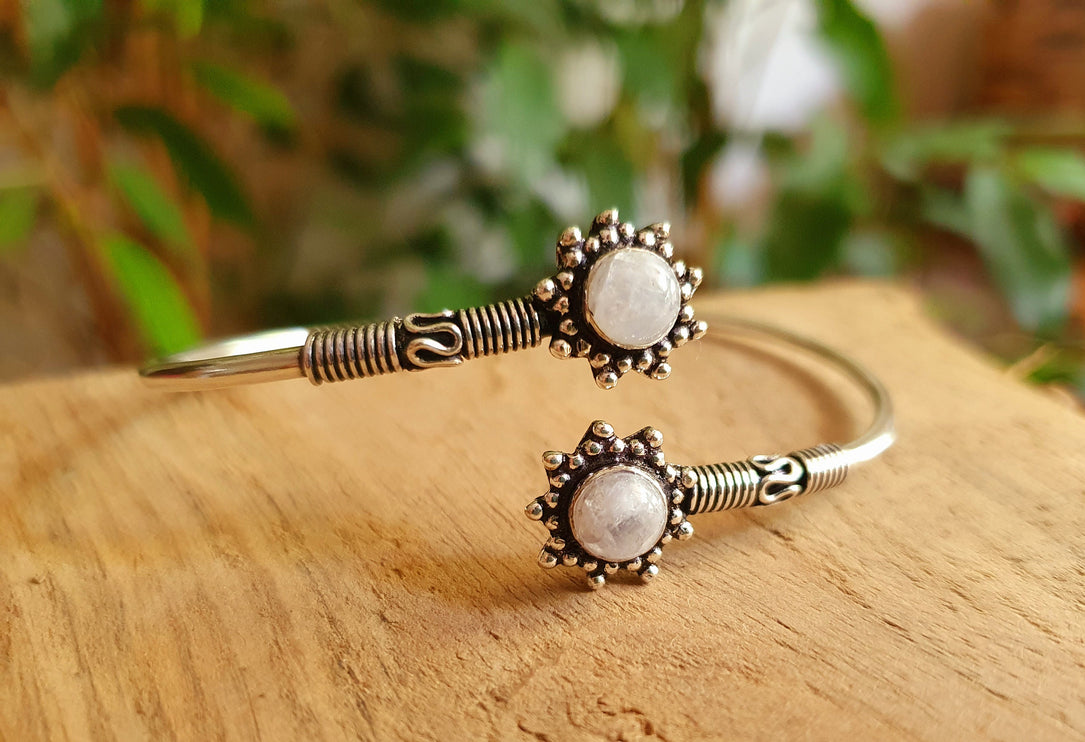 Moonstone Bracelet Bali Flower Silver Bangle / Ethnic / Rustic / Bohemian / Hippie / Gypsy / Psy / Adjustable