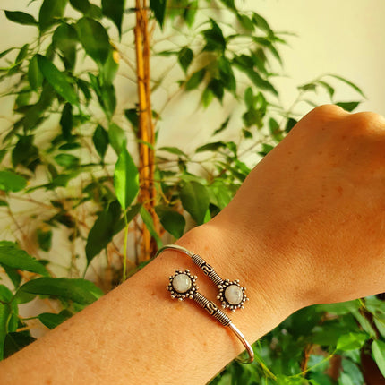 Moonstone Bracelet Bali Flower Silver Bangle / Ethnic / Rustic / Bohemian / Hippie / Gypsy / Psy / Adjustable