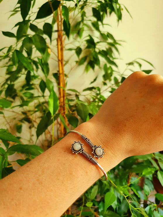 Moonstone Bracelet Bali Flower Silver Bangle / Ethnic / Rustic / Bohemian / Hippie / Gypsy / Psy / Adjustable