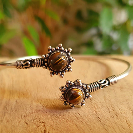Bali Flower Silver Bracelet / Tiger Eye / Bangle / Ethnic / Rustic / Bohemian / Hippie / Gypsy / Psy / Adjustable