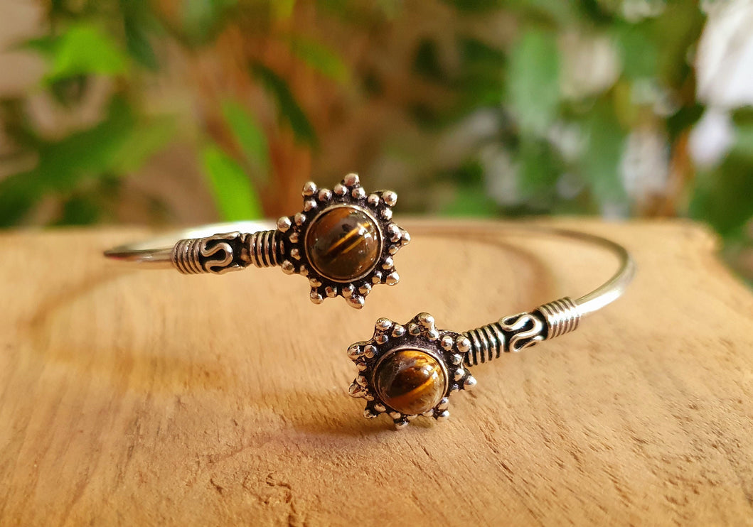 Bali Flower Silver Bracelet / Tiger Eye / Bangle / Ethnic / Rustic / Bohemian / Hippie / Gypsy / Psy / Adjustable