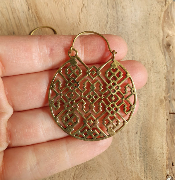 Aztec Hoops Inca Style Brass Earrings; Ethnic, Geometric, rustic, yoga, hippie, gypsy, pretty, psy, boho, bohemian, festival
