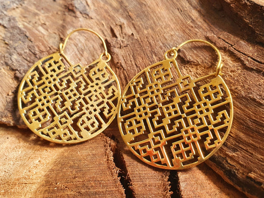 Aztec Hoops Inca Style Brass Earrings; Ethnic, Geometric, rustic, yoga, hippie, gypsy, pretty, psy, boho, bohemian, festival