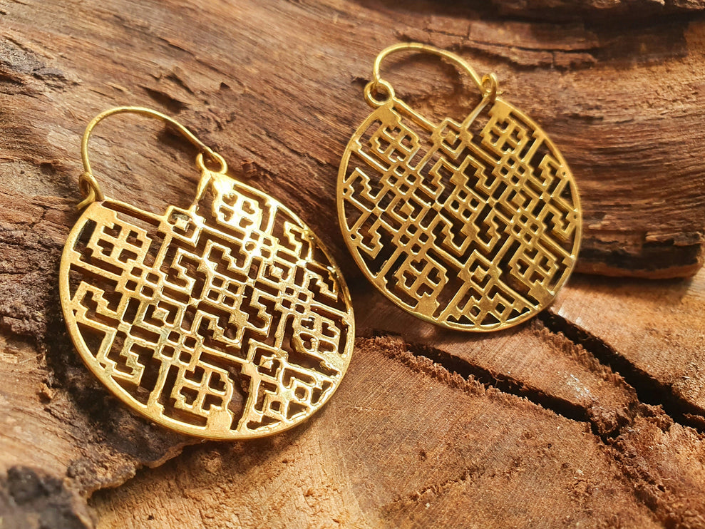 Aztec Hoops Inca Style Brass Earrings; Ethnic, Geometric, rustic, yoga, hippie, gypsy, pretty, psy, boho, bohemian, festival