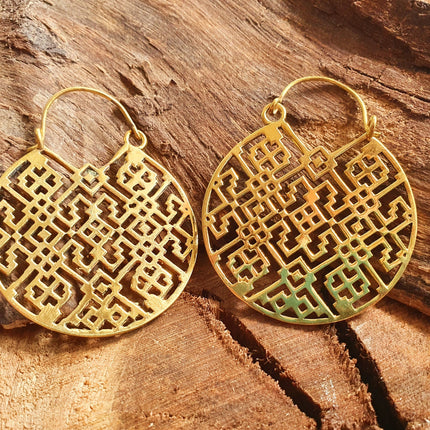 Aztec Hoops Inca Style Brass Earrings; Ethnic, Geometric, rustic, yoga, hippie, gypsy, pretty, psy, boho, bohemian, festival