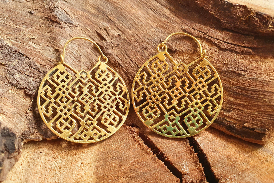 Aztec Hoops Inca Style Brass Earrings; Ethnic, Geometric, rustic, yoga, hippie, gypsy, pretty, psy, boho, bohemian, festival