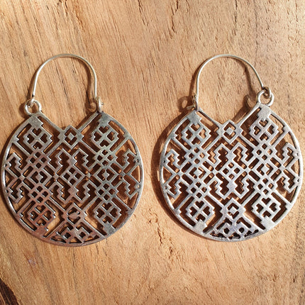 Aztec Hoops Inca Style Silver Earrings; Ethnic, Geometric, rustic, yoga, hippie, gypsy, pretty, psy, boho, bohemian, festival