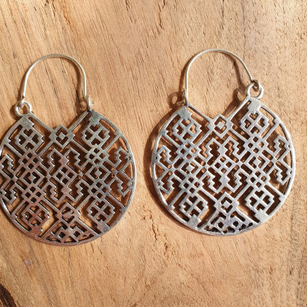 Aztec Hoops Inca Style Silver Earrings; Ethnic, Geometric, rustic, yoga, hippie, gypsy, pretty, psy, boho, bohemian, festival