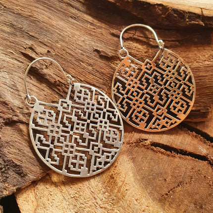 Aztec Hoops Inca Style Silver Earrings; Ethnic, Geometric, rustic, yoga, hippie, gypsy, pretty, psy, boho, bohemian, festival