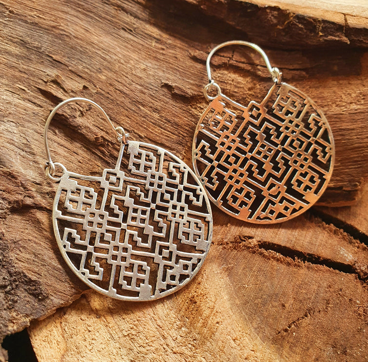 Aztec Hoops Inca Style Silver Earrings; Ethnic, Geometric, rustic, yoga, hippie, gypsy, pretty, psy, boho, bohemian, festival