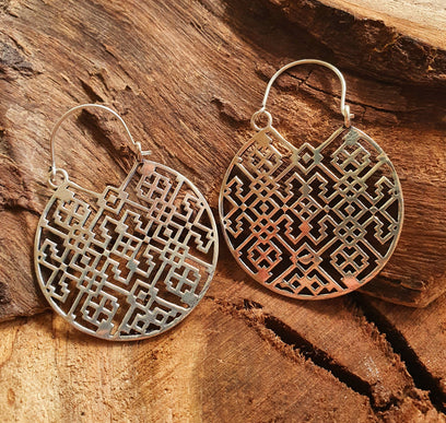 Aztec Hoops Inca Style Silver Earrings; Ethnic, Geometric, rustic, yoga, hippie, gypsy, pretty, psy, boho, bohemian, festival