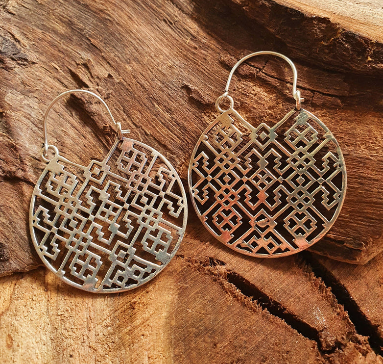 Aztec Hoops Inca Style Silver Earrings; Ethnic, Geometric, rustic, yoga, hippie, gypsy, pretty, psy, boho, bohemian, festival