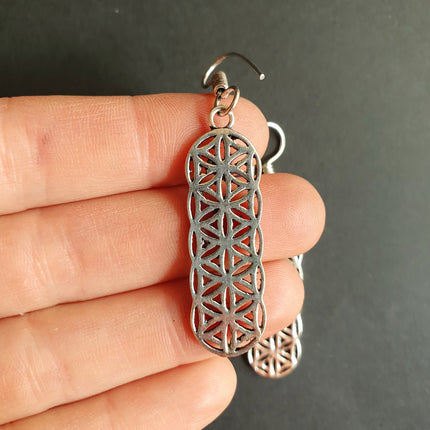 Silver Flower of Life Dangle Earrings / Illuminati / Mandala / Geometric / Rustic / Hippie / Gypsy / Psy / Boho / Bohemian /