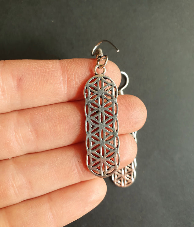 Silver Flower of Life Dangle Earrings / Illuminati / Mandala / Geometric / Rustic / Hippie / Gypsy / Psy / Boho / Bohemian /