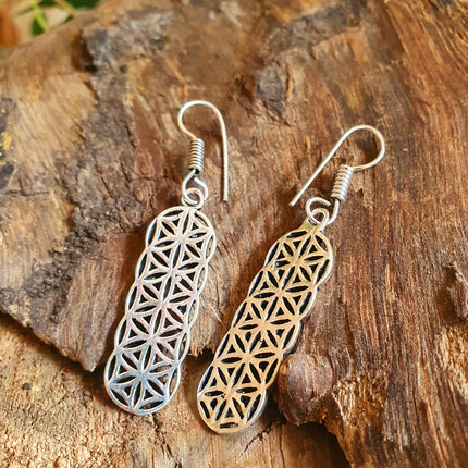 Silver Flower of Life Dangle Earrings / Illuminati / Mandala / Geometric / Rustic / Hippie / Gypsy / Psy / Boho / Bohemian /