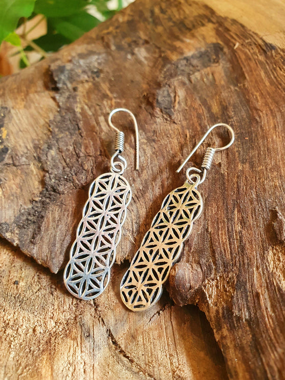 Silver Flower of Life Dangle Earrings / Illuminati / Mandala / Geometric / Rustic / Hippie / Gypsy / Psy / Boho / Bohemian /