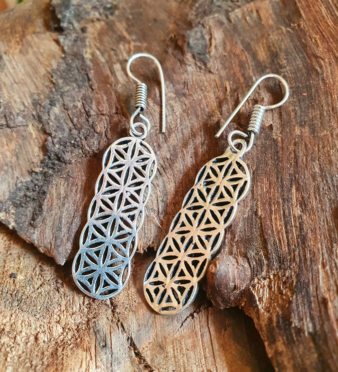 Silver Flower of Life Dangle Earrings / Illuminati / Mandala / Geometric / Rustic / Hippie / Gypsy / Psy / Boho / Bohemian /