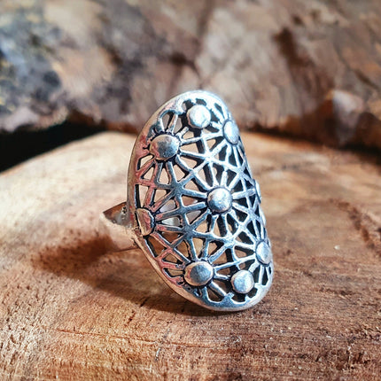 Boho Silver Ring Geometric Stars Mandala / Boho / Ethnic / Rustic / Festival / Tribal / Hippie / Gypsy / Psy / Thumb / Psy