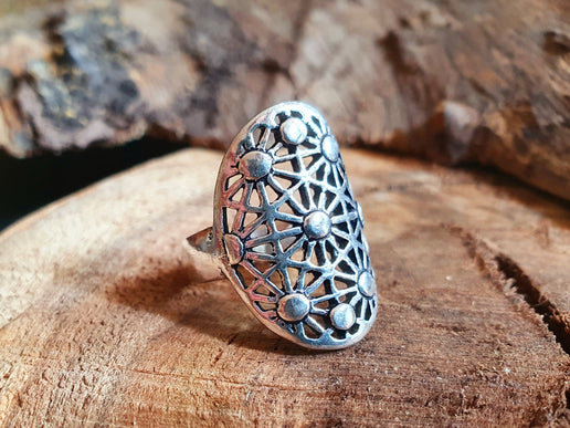 Boho Silver Ring Geometric Stars Mandala / Boho / Ethnic / Rustic / Festival / Tribal / Hippie / Gypsy / Psy / Thumb / Psy