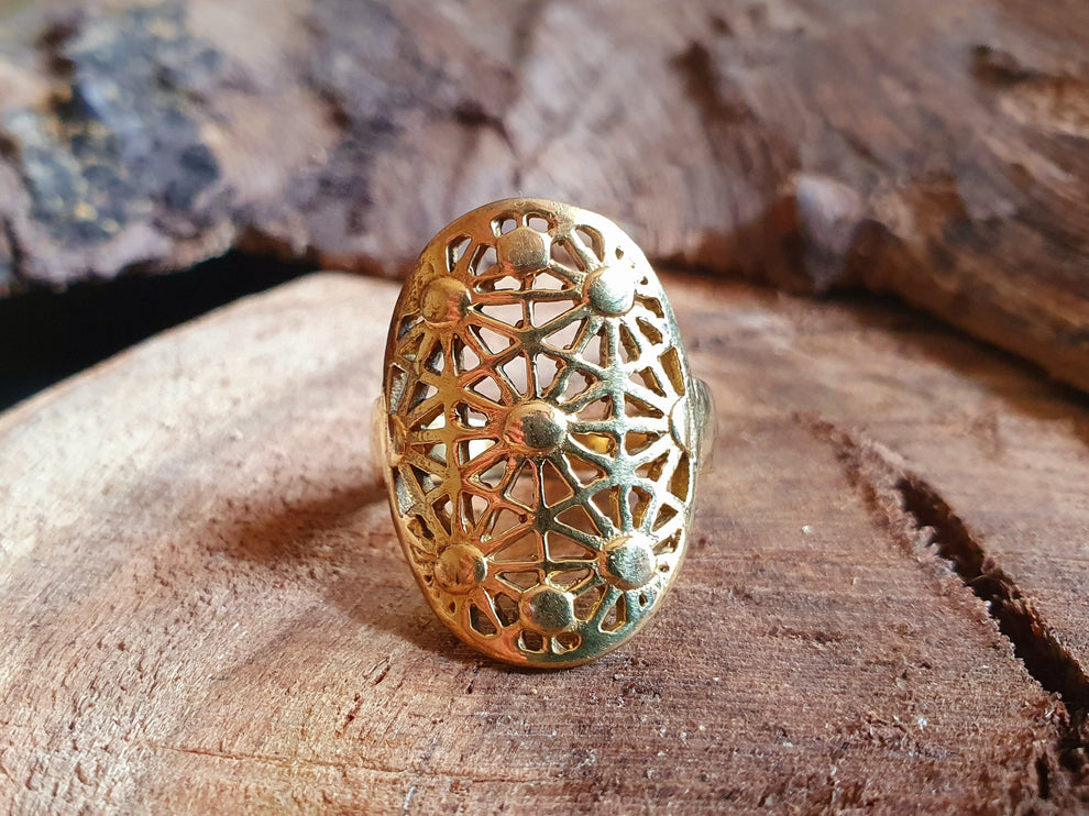 Gold Boho Ring Geometric Stars Mandala Brass / Boho / Ethnic / Rustic / Festival / Tribal / Hippie / Gypsy / Psy / Thumb / Psy