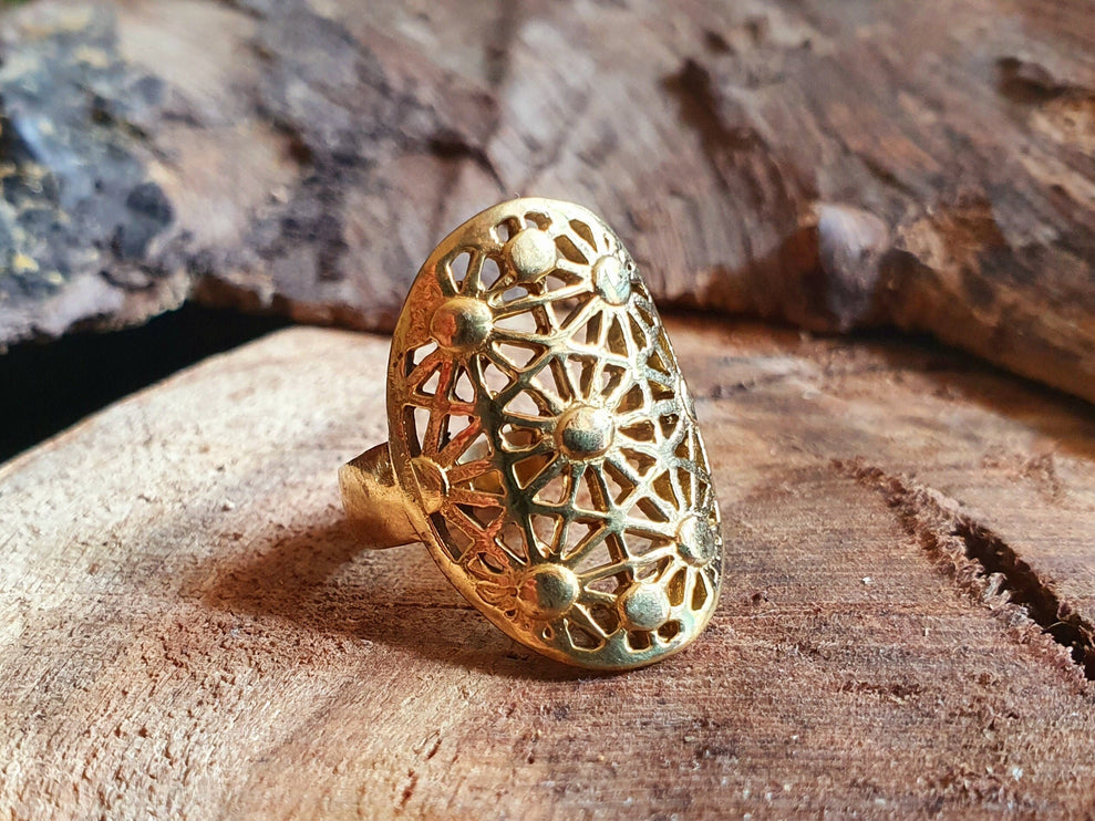 Gold Boho Ring Geometric Stars Mandala Brass / Boho / Ethnic / Rustic / Festival / Tribal / Hippie / Gypsy / Psy / Thumb / Psy