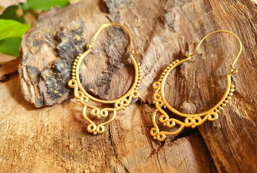 Gypsy Brass Hoop Earrings; Ethnic, Geometric, Rustic, Yoga, Hippie, Gypsy, Pretty, Psy, Boho, Bohemian, Festival