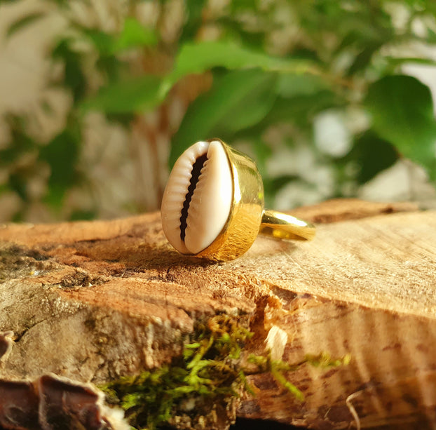 Cowrie Shell Brass Ring / Bohemian / Ethnic / Psy / Rustic / Tribal / Gypsy / Festival / Healing / Festival