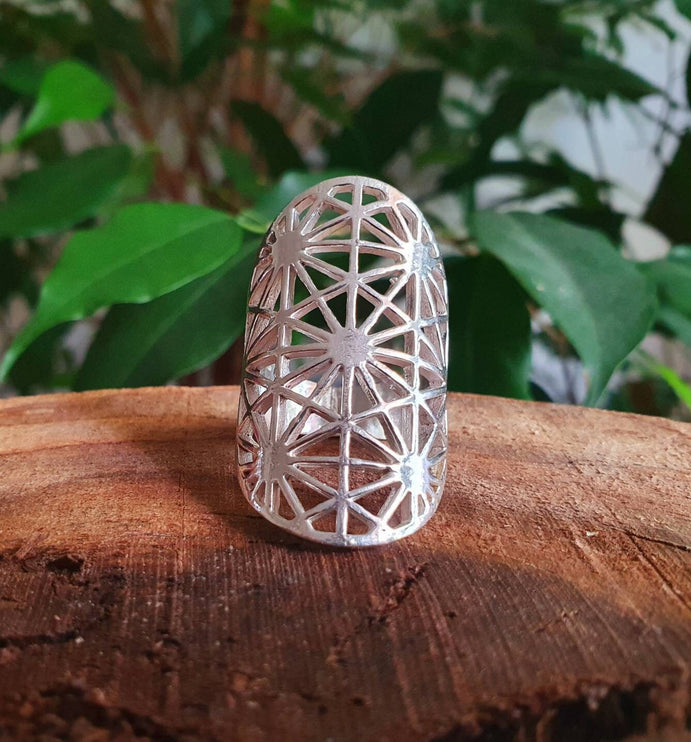 Large Geometric Stars Silver Ring / Boho / Ethnic / Rustic / Festival / Tribal / Hippie / Gypsy / Psy / Thumb / Psy