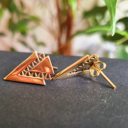 Contemporary Minimalist Gold Triangle Stud Earrings / Geometric Chic Ethnic Boho Bohemian Chic Gypsy Spiral Hippie Festival