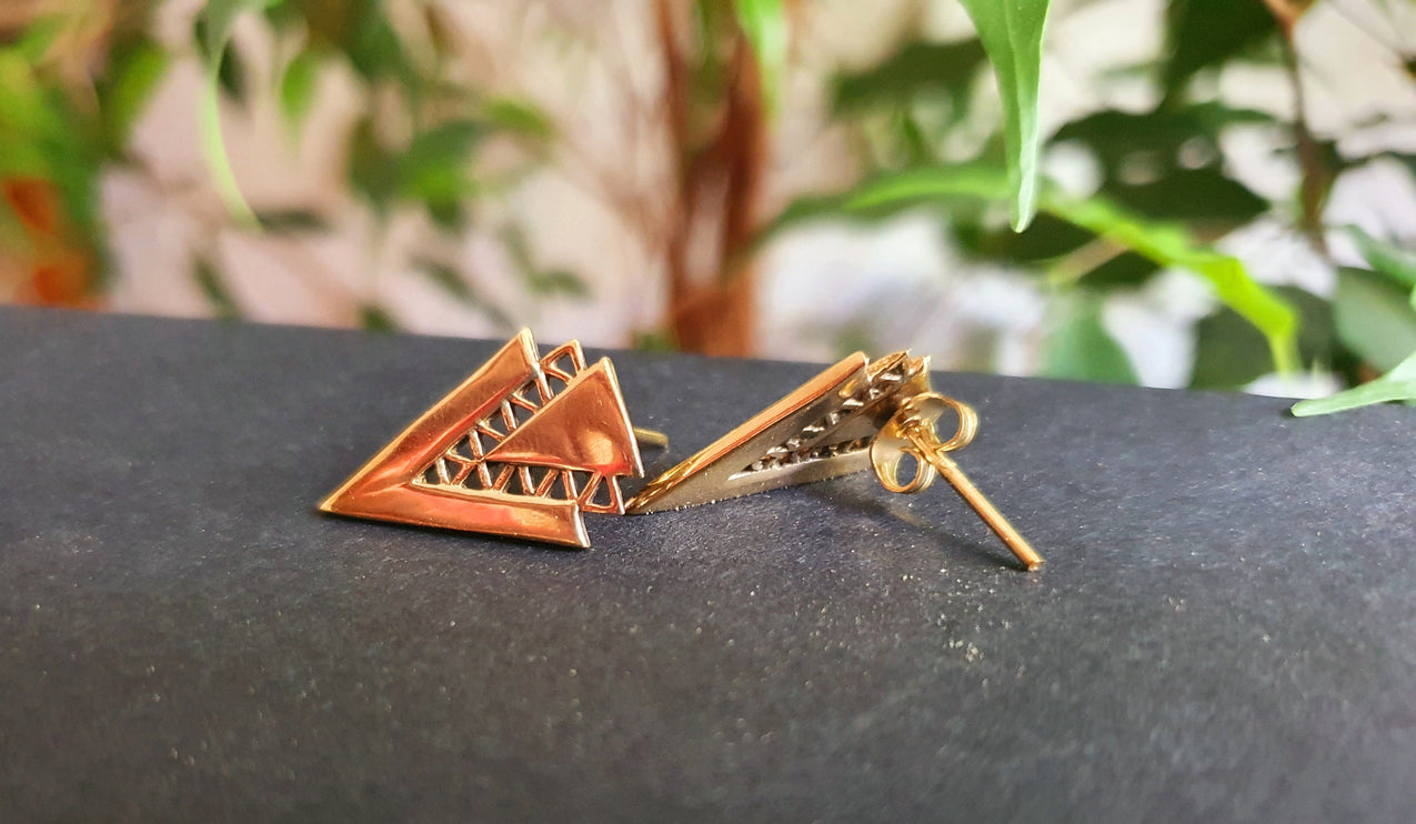 Contemporary Minimalist Gold Triangle Stud Earrings / Geometric Chic Ethnic Boho Bohemian Chic Gypsy Spiral Hippie Festival