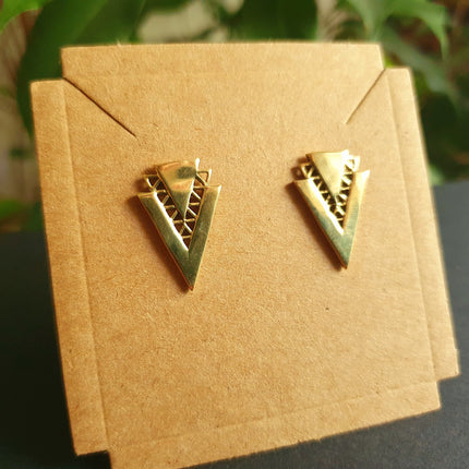 Contemporary Minimalist Gold Triangle Stud Earrings / Geometric Chic Ethnic Boho Bohemian Chic Gypsy Spiral Hippie Festival