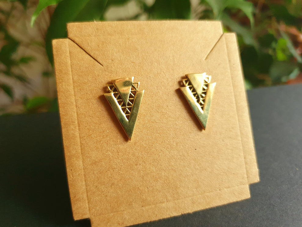 Contemporary Minimalist Gold Triangle Stud Earrings / Geometric Chic Ethnic Boho Bohemian Chic Gypsy Spiral Hippie Festival