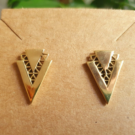 Contemporary Minimalist Gold Triangle Stud Earrings / Geometric Chic Ethnic Boho Bohemian Chic Gypsy Spiral Hippie Festival