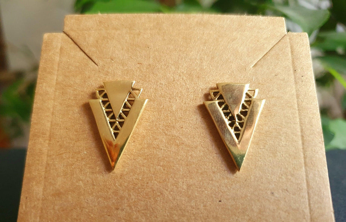 Contemporary Minimalist Gold Triangle Stud Earrings / Geometric Chic Ethnic Boho Bohemian Chic Gypsy Spiral Hippie Festival