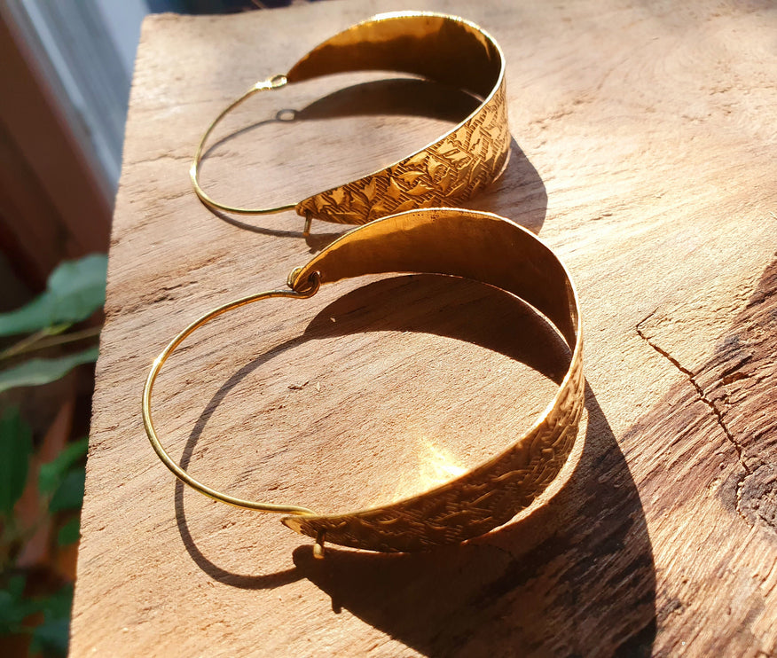 Wide Hammered Brass Hoops / Hammered Flat / Gold Hoops / Ethnic Boho Classic XL Bohemian Chic Gold Gypsy Spiral Hippie Hiphop Festival