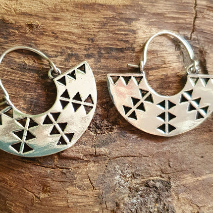 Aztec Inca Style Silver Earrings; Ethnic, Geometric, rustic, yoga, hippie, gypsy, pretty, psy, boho, bohemian, festival