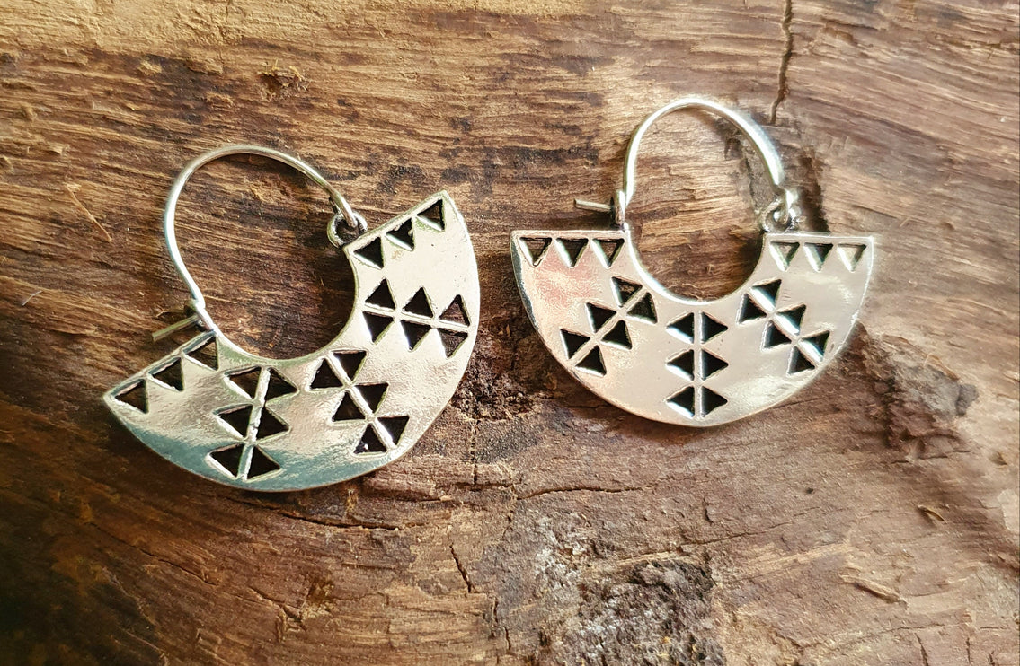 Aztec Inca Style Silver Earrings; Ethnic, Geometric, rustic, yoga, hippie, gypsy, pretty, psy, boho, bohemian, festival