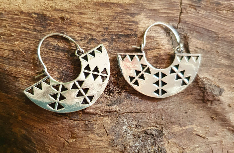 Aztec Inca Style Silver Earrings; Ethnic, Geometric, rustic, yoga, hippie, gypsy, pretty, psy, boho, bohemian, festival
