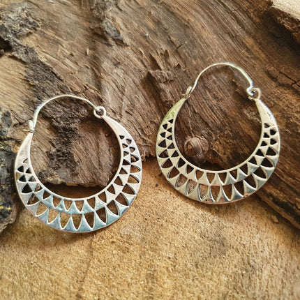 Aztec Hoops Inca Style Silver Earrings; Ethnic, Geometric, rustic, yoga, hippie, gypsy, pretty, psy, boho, bohemian, festival