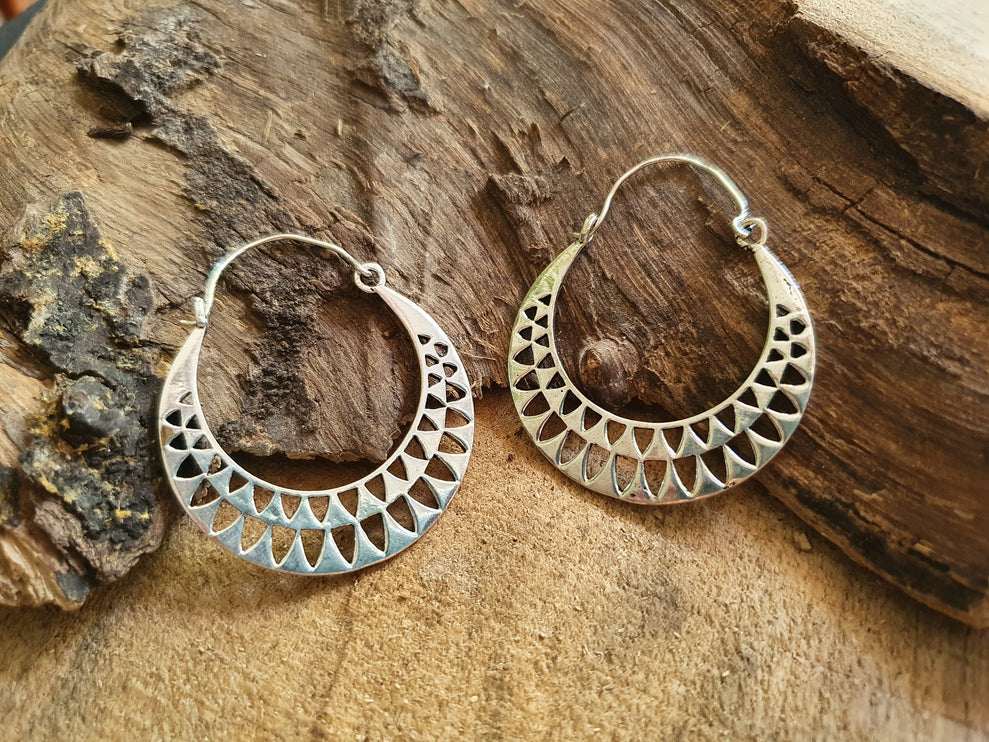 Aztec Hoops Inca Style Silver Earrings; Ethnic, Geometric, rustic, yoga, hippie, gypsy, pretty, psy, boho, bohemian, festival