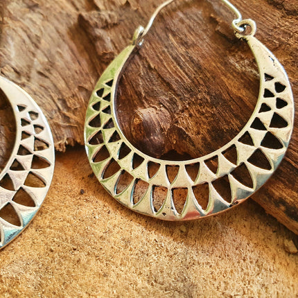 Aztec Hoops Inca Style Silver Earrings; Ethnic, Geometric, rustic, yoga, hippie, gypsy, pretty, psy, boho, bohemian, festival