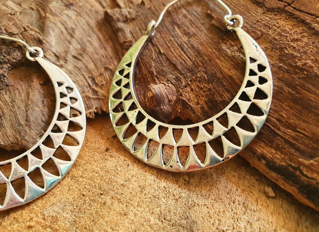 Aztec Hoops Inca Style Silver Earrings; Ethnic, Geometric, rustic, yoga, hippie, gypsy, pretty, psy, boho, bohemian, festival