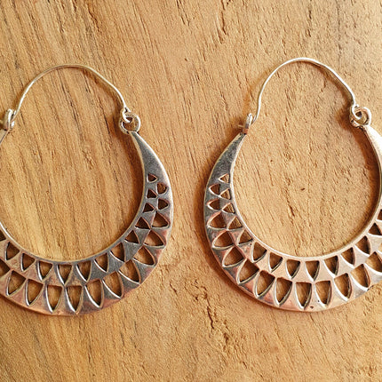 Aztec Hoops Inca Style Silver Earrings; Ethnic, Geometric, rustic, yoga, hippie, gypsy, pretty, psy, boho, bohemian, festival