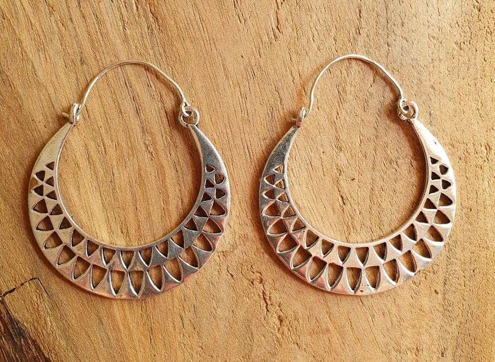 Aztec Hoops Inca Style Silver Earrings; Ethnic, Geometric, rustic, yoga, hippie, gypsy, pretty, psy, boho, bohemian, festival