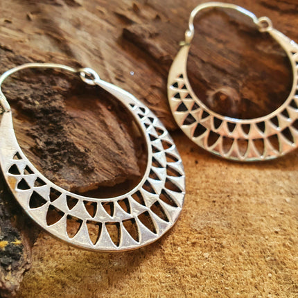 Aztec Hoops Inca Style Silver Earrings; Ethnic, Geometric, rustic, yoga, hippie, gypsy, pretty, psy, boho, bohemian, festival