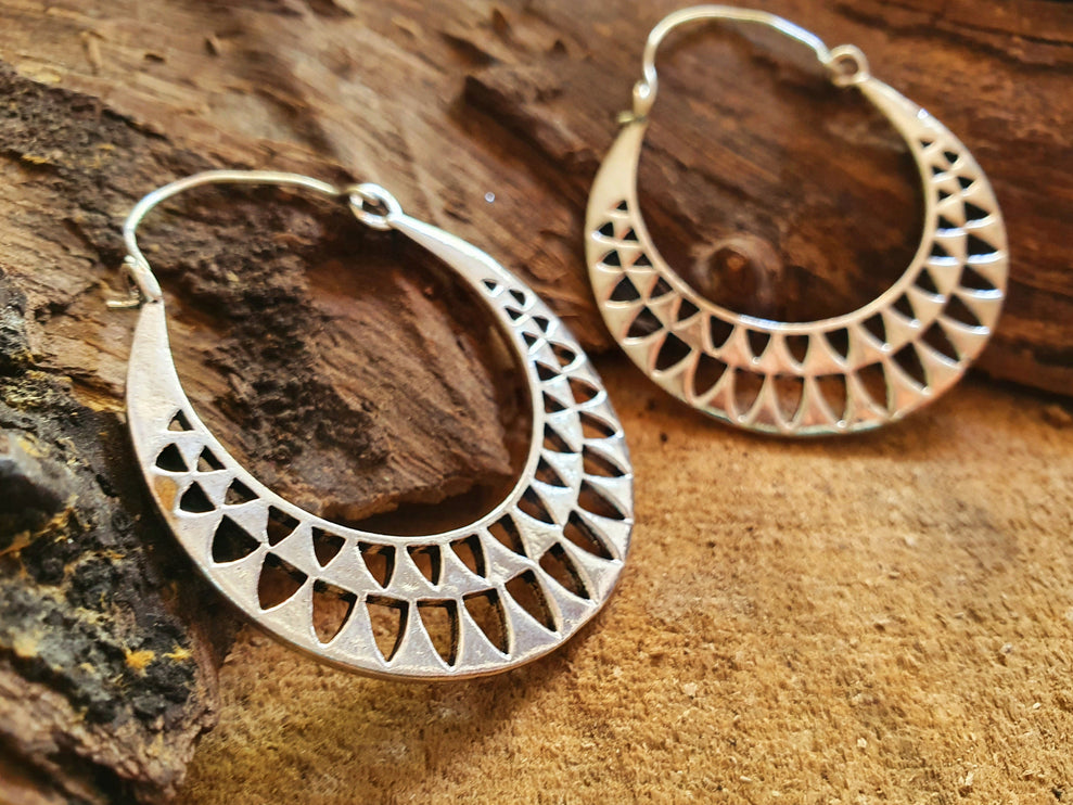 Aztec Hoops Inca Style Silver Earrings; Ethnic, Geometric, rustic, yoga, hippie, gypsy, pretty, psy, boho, bohemian, festival