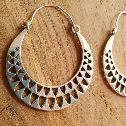 Aztec Hoops Inca Style Silver Earrings; Ethnic, Geometric, rustic, yoga, hippie, gypsy, pretty, psy, boho, bohemian, festival