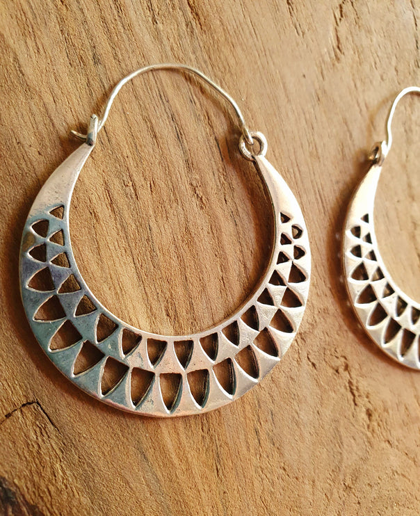 Aztec Hoops Inca Style Silver Earrings; Ethnic, Geometric, rustic, yoga, hippie, gypsy, pretty, psy, boho, bohemian, festival